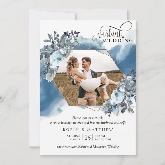 Fotocollage, Geometrische blauwe virtuele bruiloft Kaart (Voorkant)