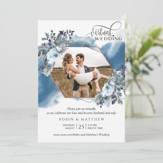 Fotocollage, Geometrische blauwe virtuele bruiloft Kaart (Staand voorkant)