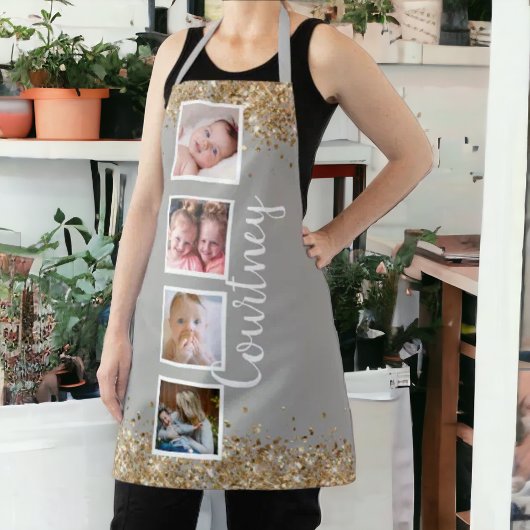 Fotocollage Gouden Glitter Grijs Aangepaste naam Schort