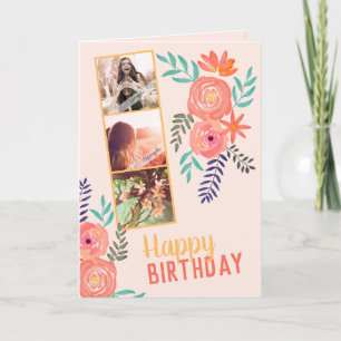 Fotocollage "Happy Birthday" Roze Koraal Rozen Kaart
