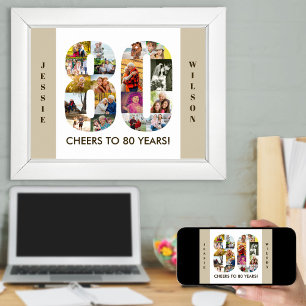 Fotocollage in nummer 80 Neutraal 80ste verjaardag Poster