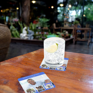 Fotocollage koninklijk blauw verjaardagsfeestje vierkante kartonnen onderzetter