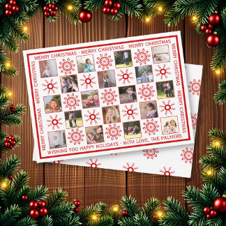 Fotocollage met rode sneeuwvlokken Kerstwensen Feestdagenkaart