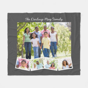 Fotocollage met zigzag fotostrip en familienaam fleece deken