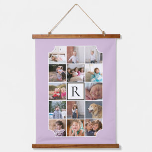 Fotocollage monogram gebogen hoeken paars hangend wandkleed
