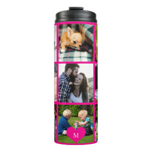 Fotocollage monogram gepersonaliseerd modern roze thermosbeker