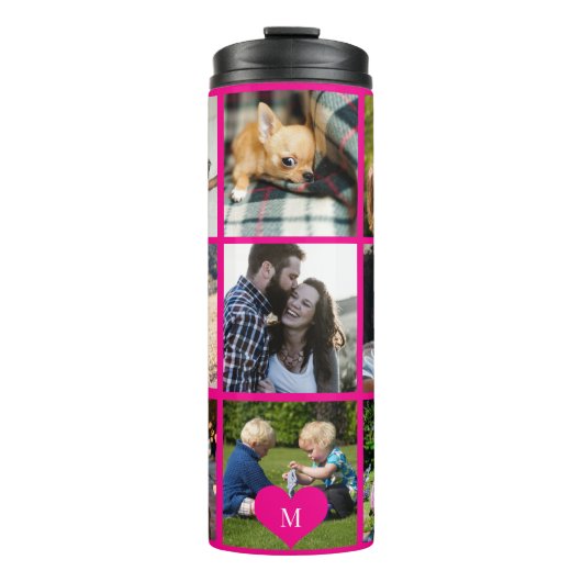 Fotocollage monogram gepersonaliseerd modern roze thermosbeker (Voorkant)