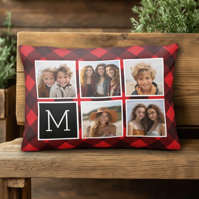 Fotocollage - Monogram Red Black Buffalo Pset Accent Kussen (Custom Photo Pillow)