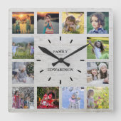 Fotocollage-monogram voor de familie Rustisch hout Vierkante Klok (Voorkant)