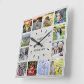 Fotocollage-monogram voor de familie Rustisch hout Vierkante Klok (Hoek)