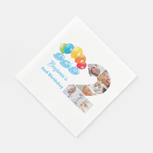 Fotocollage nummer twee jongensnaam 2e verjaardag servet (Hoek)