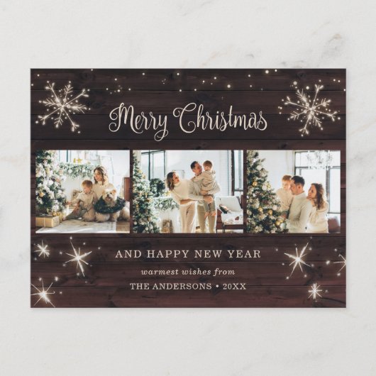 Fotocollage Rustic Wood Snowflake Feestdagenkaart (Voorkant)