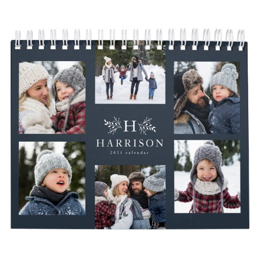 Fotocollage rustige navy blue monogram familie kalender (Hoes)