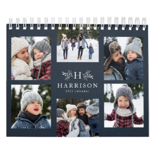 Fotocollage rustige navy blue monogram familie kalender