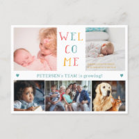 Fotocollage van 5 families WELCOME nieuwe geboorte