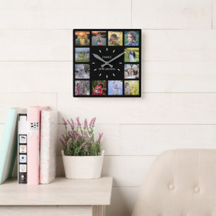 Fotocollage van moderne zwarte familie, monogram S Vierkante Klok