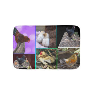 Fotocollage voor kippen en roosters; badmat