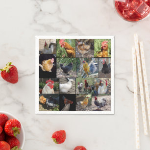 Fotocollage voor kippen en roosters; servet