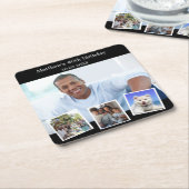 Fotocollage zwart wit verjaardagsfeestje vierkante kartonnen onderzetter (Schuin)