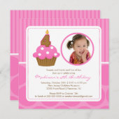 Fotocupcake uitnodiging vierde verjaardag roze (Voorkant / Achterkant)