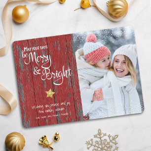 Fotodagen Be Merry Bright Rustic Red Wood Star Feestdagenkaart