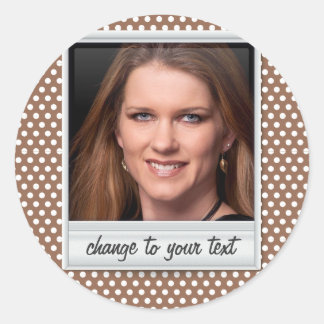 Fotoframe op witte & bruine polkadot ronde sticker