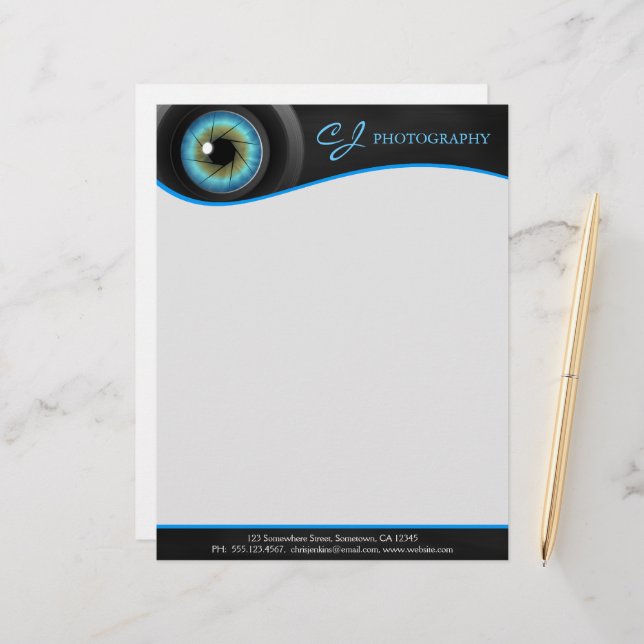 Fotograaf Blue Eye Camera Lens Letterhead Briefhoofd Ontwerp (Voorkant / Achterkant in situ)