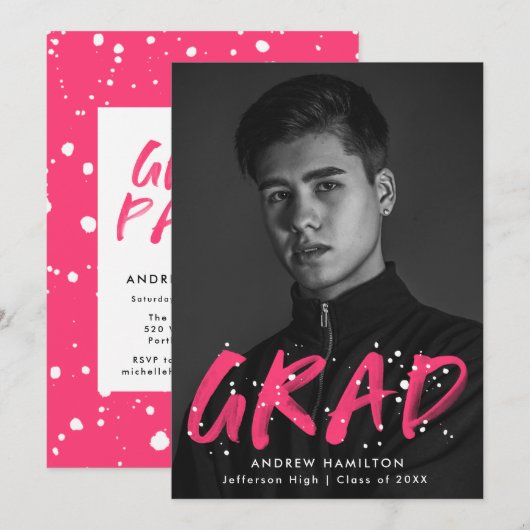 Fotogradatie van Hot Pink Verf Splatter Kaart (Voorkant / Achterkant)