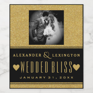 Fotografie Gouden Glitter en Zwart Elegant Bruilof Wijn Etiket