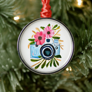 Fotografie Liefhebbers  Camera en Bloemen Metalen Ornament