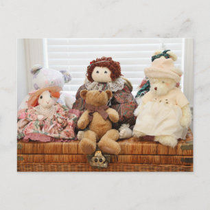 Fotografie van speelgoed, Beren, konijn en doll Briefkaart