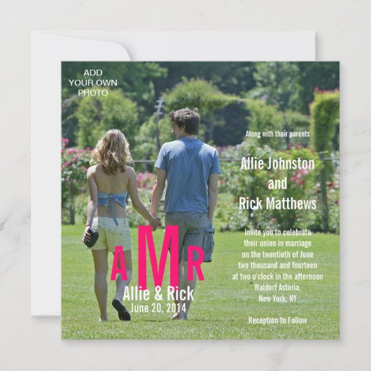Fotohuwelijksuitnodigingen Drie Monogrammen Roze Kaart (Voorkant)