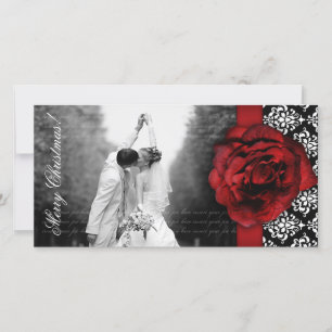 Fotokaart Red Rose Damask Black White Feestdagenkaart