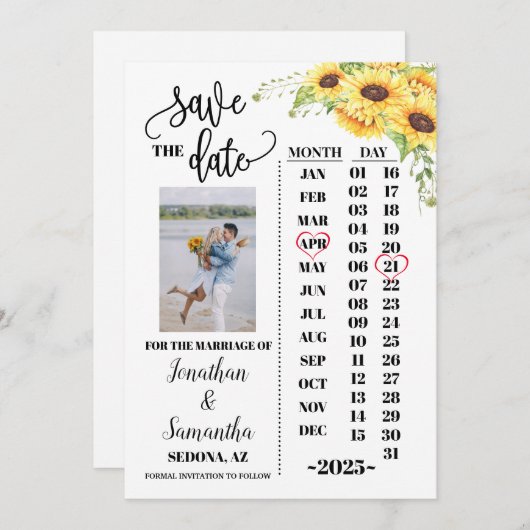 Fotokalender behalve de datum waarop zonnebloemen kaart (Voorkant / Achterkant)