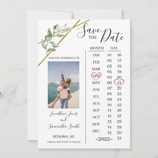 Fotokalender met datum Greenery bruiloft Kaart (Voorkant)
