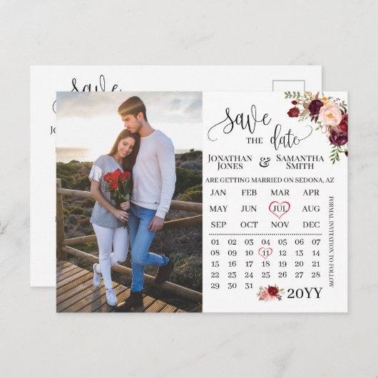 Fotokalender met datum marsala bruiloft briefkaart (Voorkant / Achterkant)