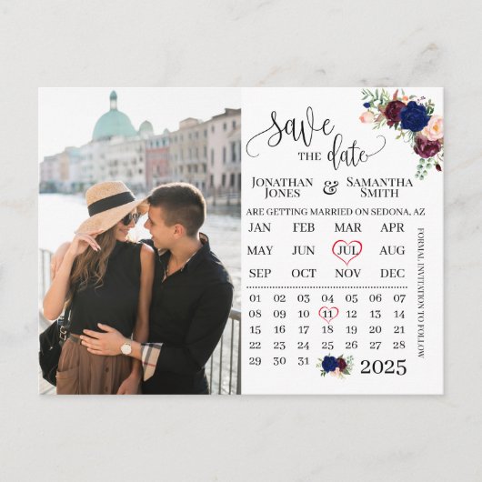 Fotokalender met de date marvy burgundy bruiloft briefkaart (Voorkant)