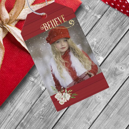 FotoKerstgeloof Helder rood hout Cadeaulabel