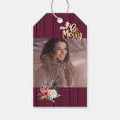 Fotokerstmis: Merry Dark Red Wood Gift Labels Cadeaulabel (Voorkant)