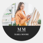 Fotomonogram naam zwart wit ronde sticker (Voorkant)