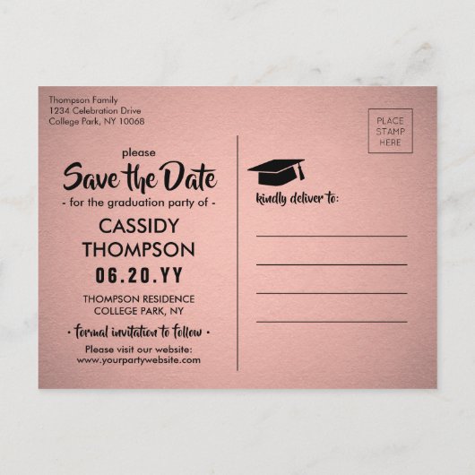 Fotoroze en zwart modern Afstuderen Opslaan datum Briefkaart (Achterkant)