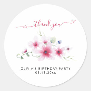 Fotoroze Floral Waterverf Meisje Birthday Hartelij Ronde Sticker