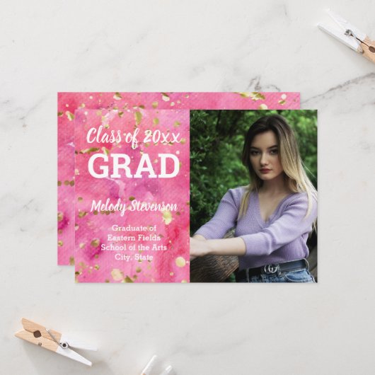 Fotoroze Waterverf Art Afstuderen Kaart (Voorkant / Achterkant in situ)