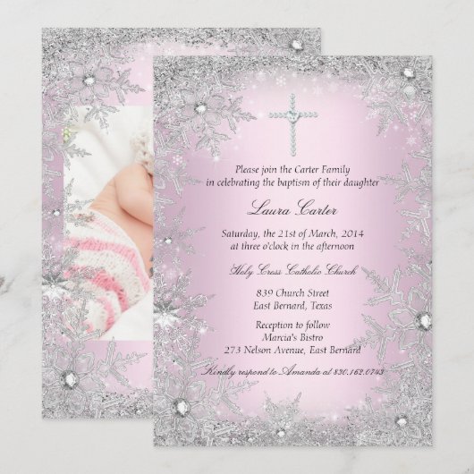 Fotoroze zilver Snowflake Baptism/Christening Kaart (Voorkant / Achterkant)