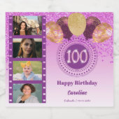 Foto's, 100ste verjaardag Roze Glitter Champagne Sparkling Wijnetiket (Enkel label)