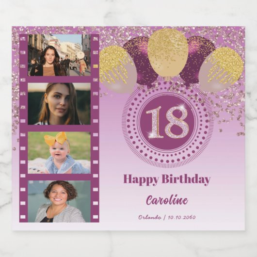 Foto's, 18e Verjaardag Roos Gouden Glitter Champag Sparkling Wijnetiket (Enkel label)