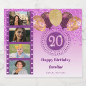 Foto's, 20e verjaardag Roze Glitter Champagne Sparkling Wijnetiket (Enkel label)