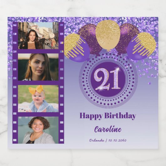Foto's, 21ste verjaardag Paarse Glitter Champagne Sparkling Wijnetiket (Enkel label)