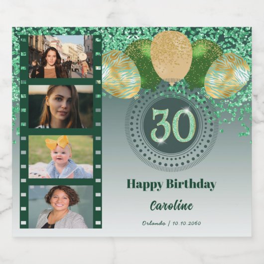 Foto's, 30e verjaardag Groene Glitter Champagne Sparkling Wijnetiket (Enkel label)