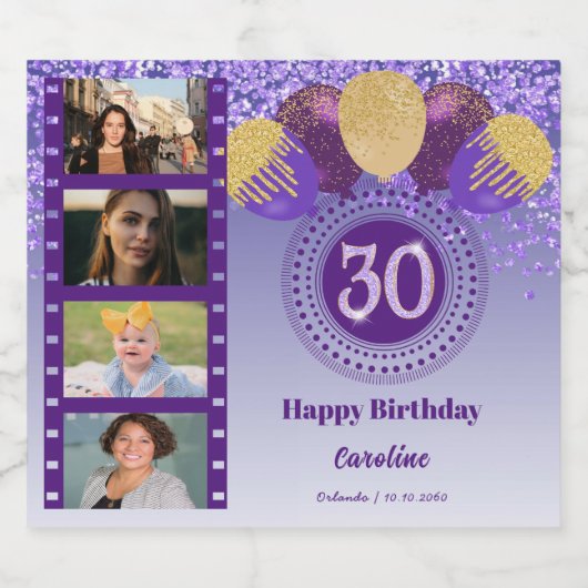 Foto's, 30e verjaardag Paarse Glitter Champagne Sparkling Wijnetiket (Enkel label)